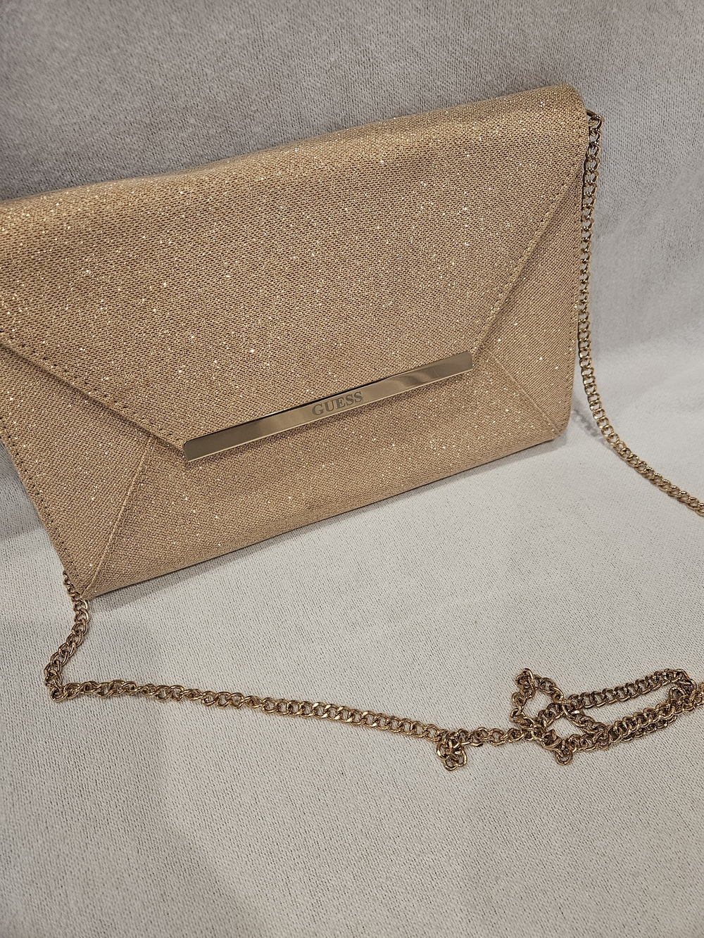 GUESS Rose Gold Glitter Envelope Chain Clutch Crossbody Night Out